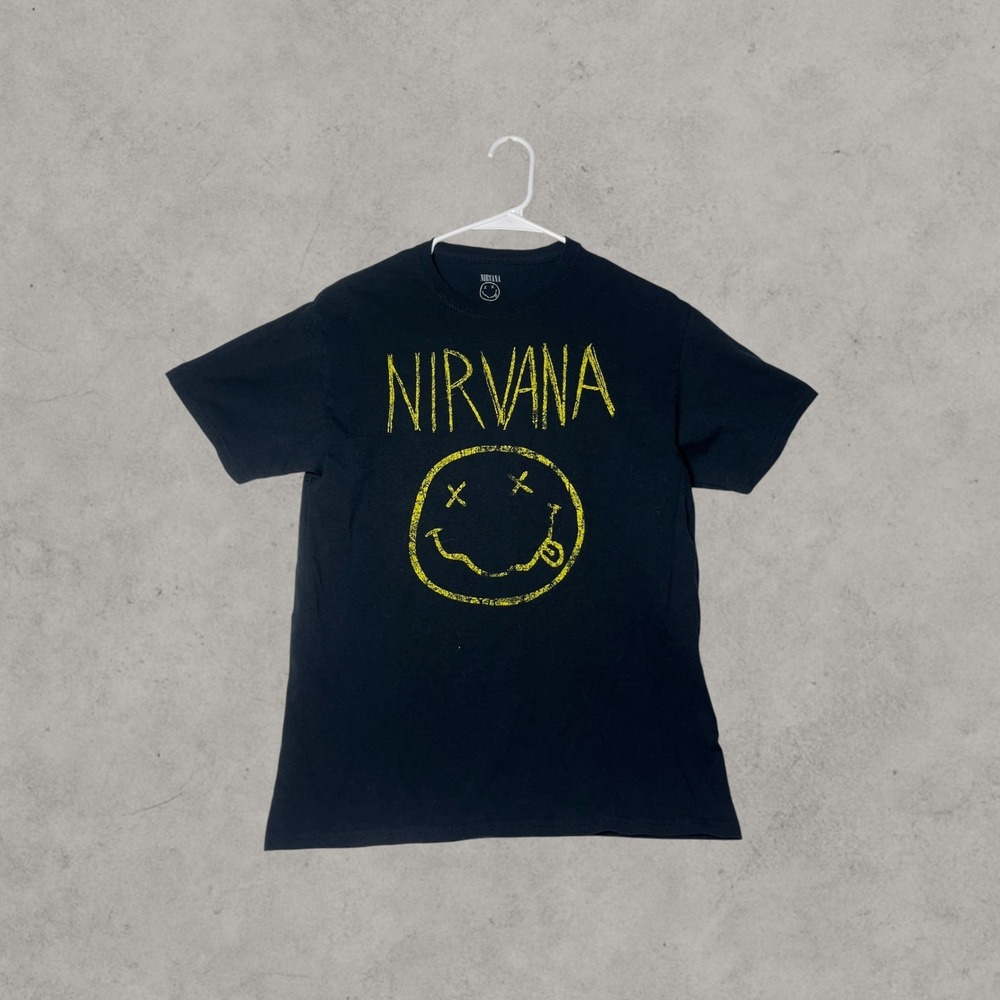 Nirvana Smiley Face Graphic T-Shirt Black Mens Size Medium Band Tee Short Sleeve
